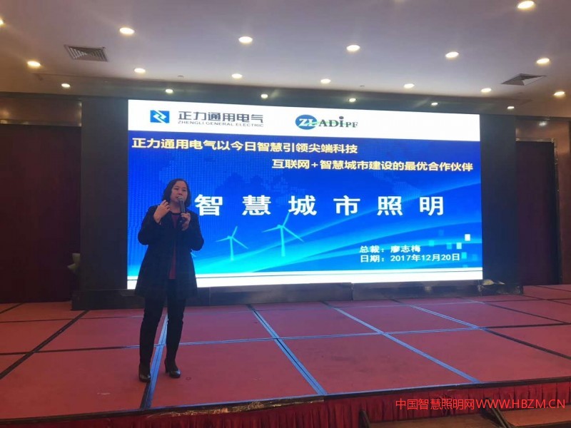 2017年廣東路燈年會暨路燈應(yīng)用技術(shù)論壇上廣東正力通用電氣公司總經(jīng)理廖志梅做&ldquo;互聯(lián)網(wǎng)+智慧城市照明&rdquo;演講