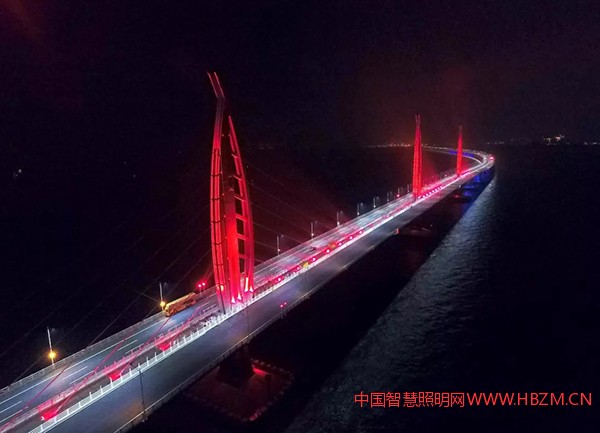 江海直達橋航道的三個海豚，閃亮夜海