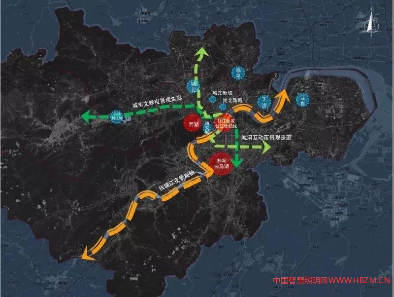 杭州城市照明總體結(jié)構(gòu)：&ldquo;一軸&bull;兩廊&bull;三心&bull;多點&rdquo;